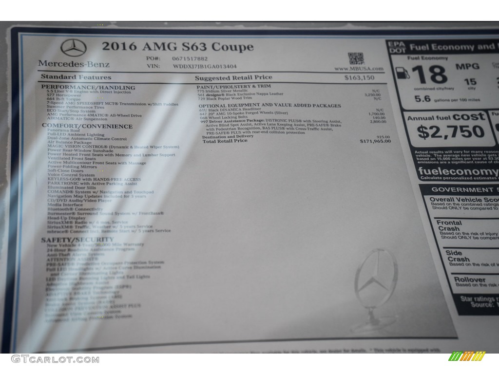 2016 Mercedes-Benz S 63 AMG 4Matic Coupe Window Sticker Photo #108710251