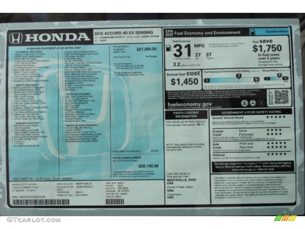 2016 Honda Accord EX Sedan Window Sticker Photo #108723399