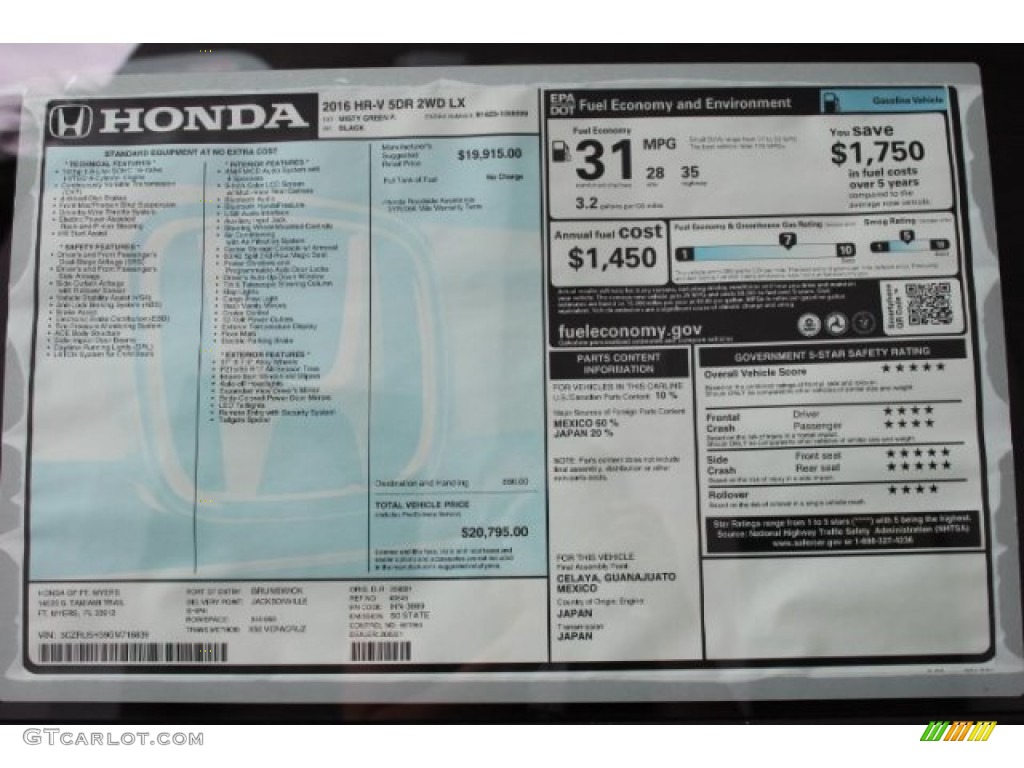 2016 Honda HR-V LX Window Sticker Photo #108723710