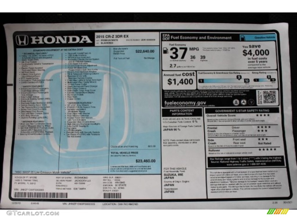 2015 Honda CR-Z EX Window Sticker Photo #108727299