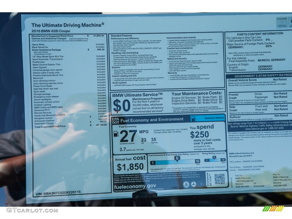 2016 BMW 4 Series 428i Coupe Window Sticker Photo #108769351