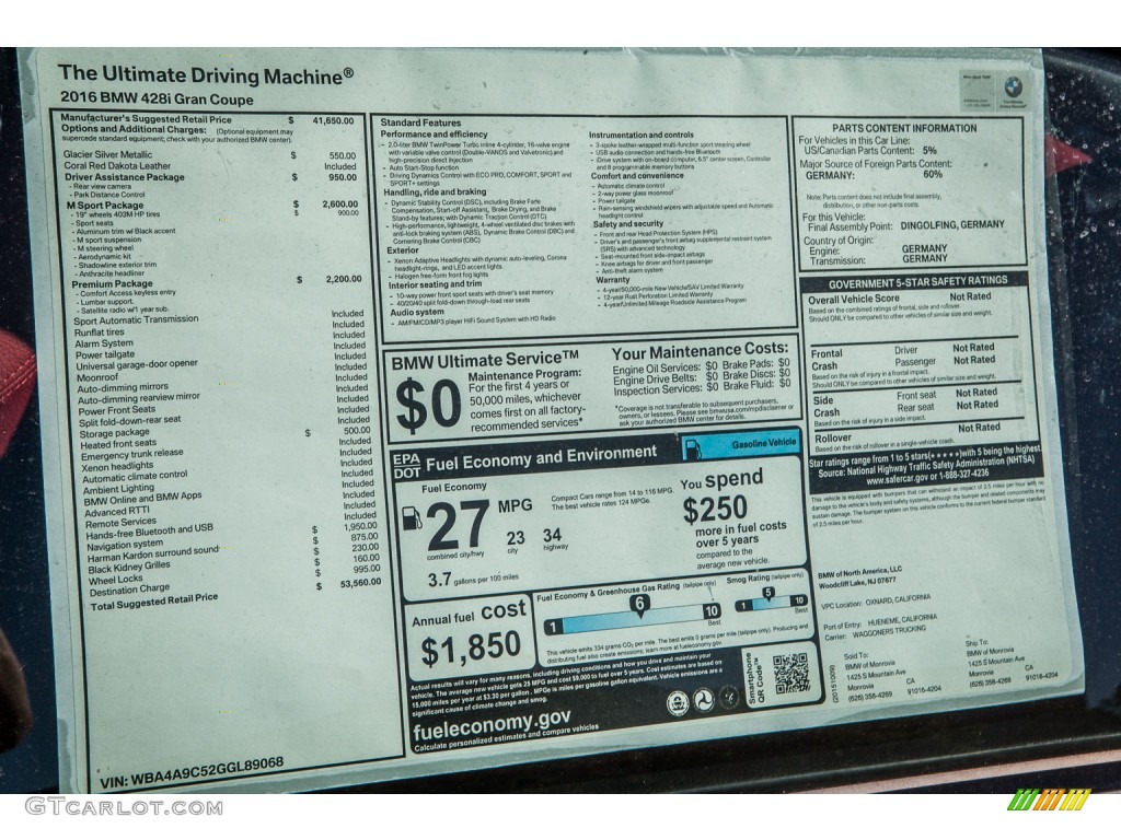 2016 BMW 4 Series 428i Gran Coupe Window Sticker Photo #108769780