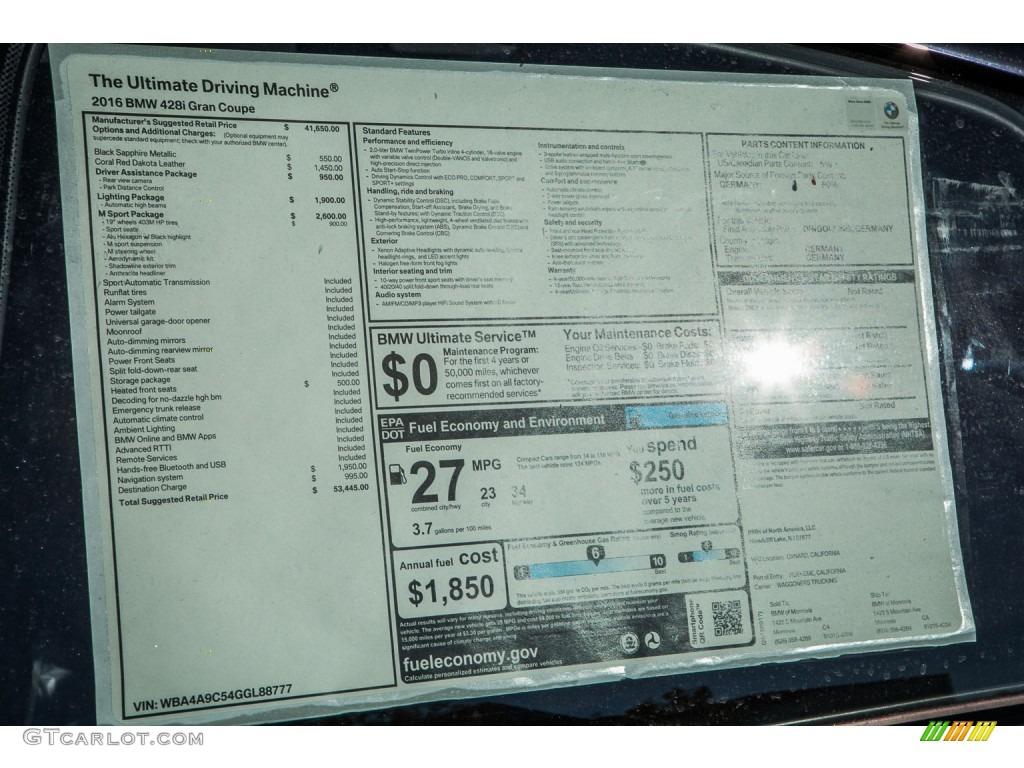 2016 BMW 4 Series 428i Gran Coupe Window Sticker Photos