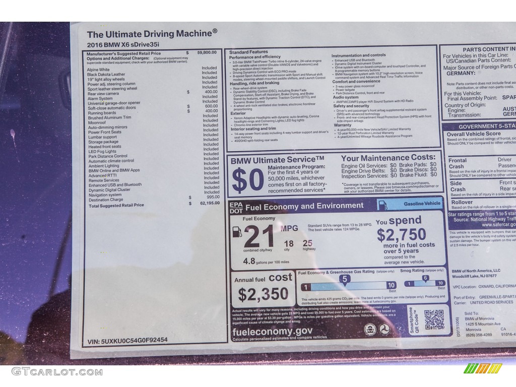 2016 BMW X6 sDrive35i Window Sticker Photo #108773926