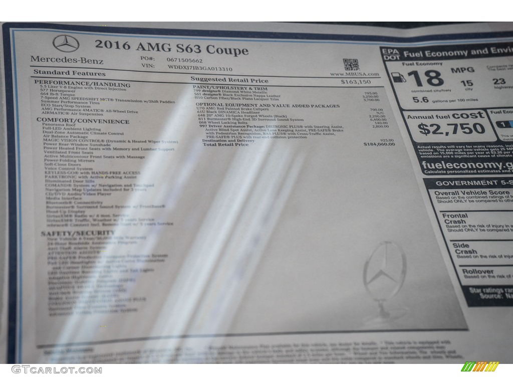 2016 Mercedes-Benz S 63 AMG 4Matic Coupe Window Sticker Photo #108800958