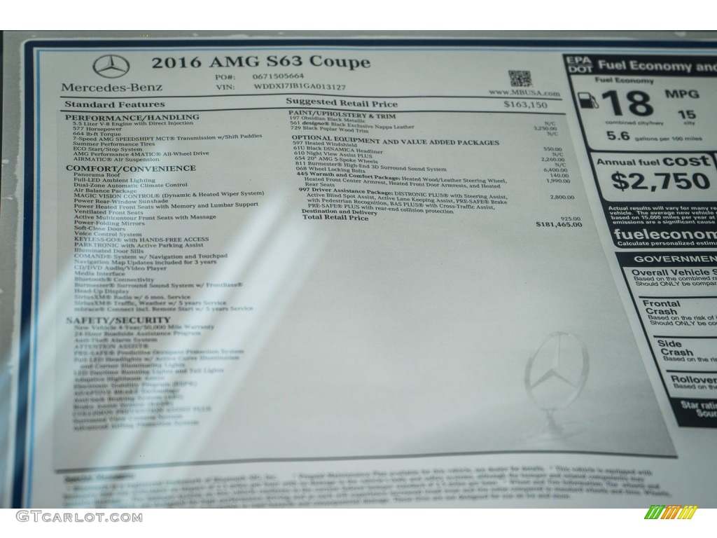 2016 Mercedes-Benz S 63 AMG 4Matic Coupe Window Sticker Photo #108801357