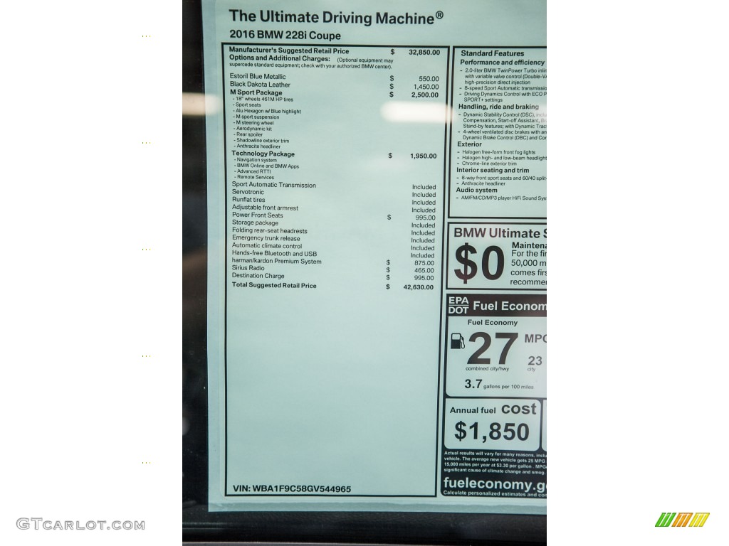 2016 BMW 2 Series 228i Coupe Window Sticker Photo #108818688
