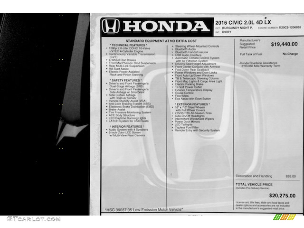 2016 Honda Civic LX Sedan Window Sticker Photo #108822840