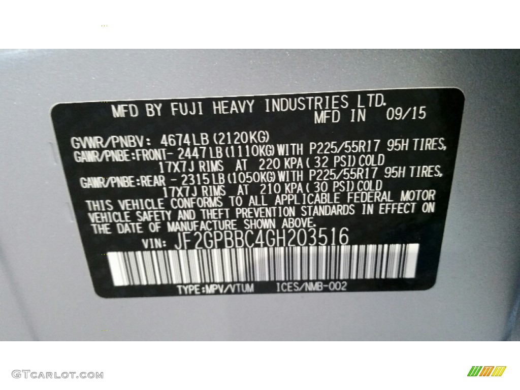 2016 Subaru Crosstrek Hybrid Info Tag Photos