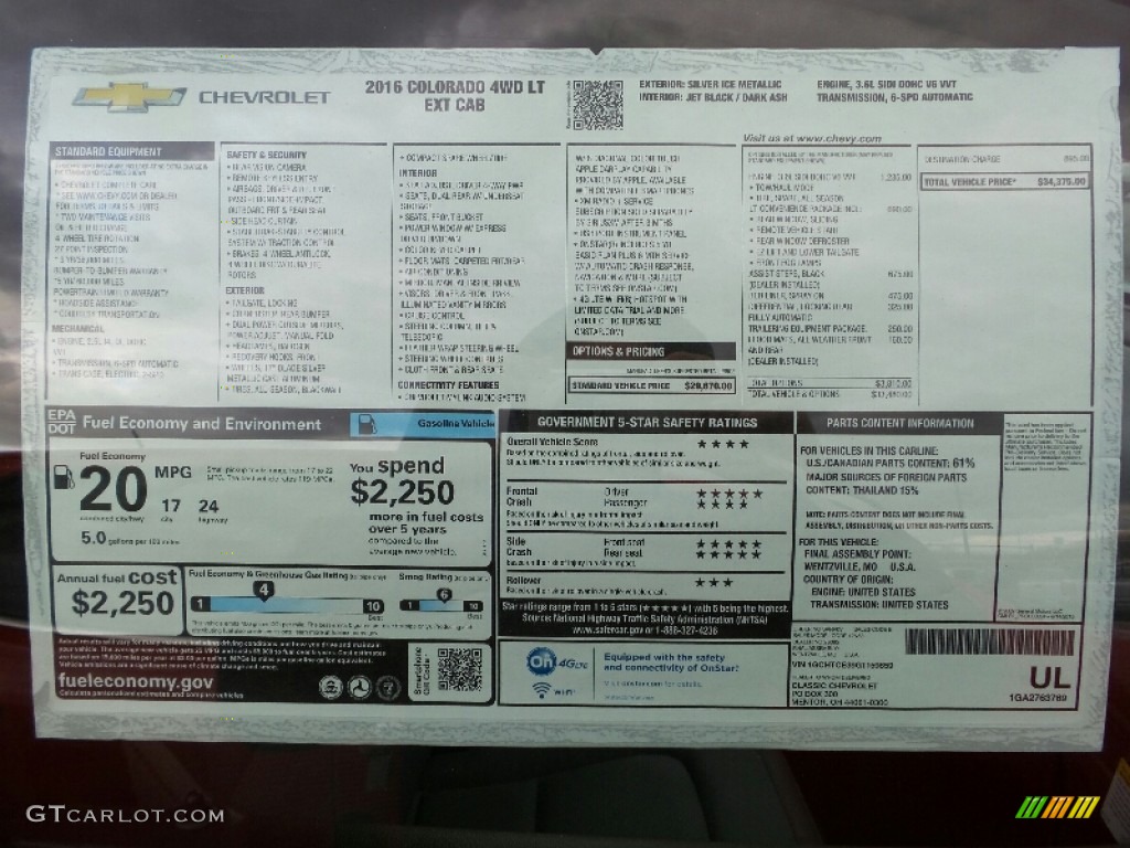 2016 Chevrolet Colorado LT Extended Cab 4x4 Window Sticker Photo #108855704