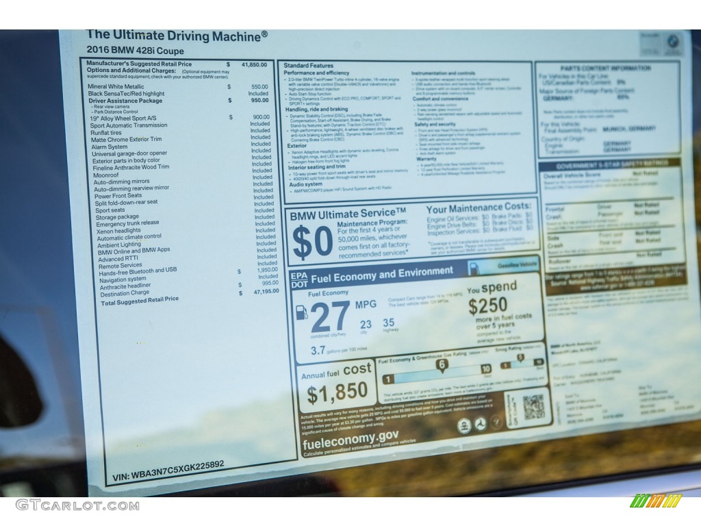 2016 BMW 4 Series 428i Coupe Window Sticker Photo #108860738