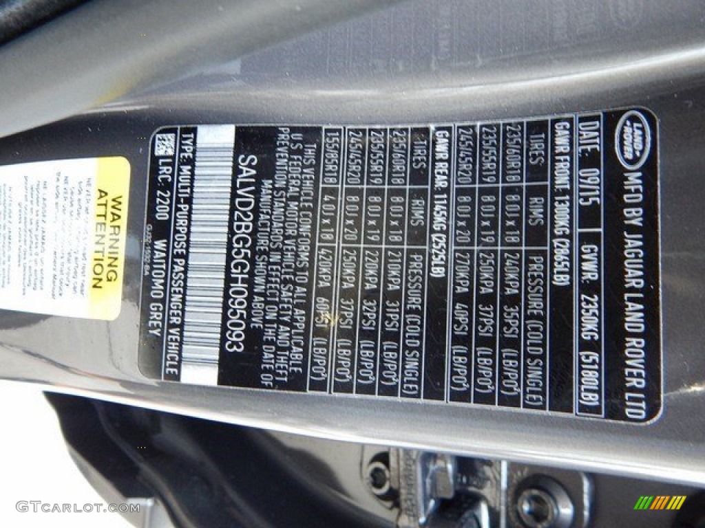 2016 Range Rover Evoque Color Code 2200 for Waitomo Grey Metalllic Photo #108868091