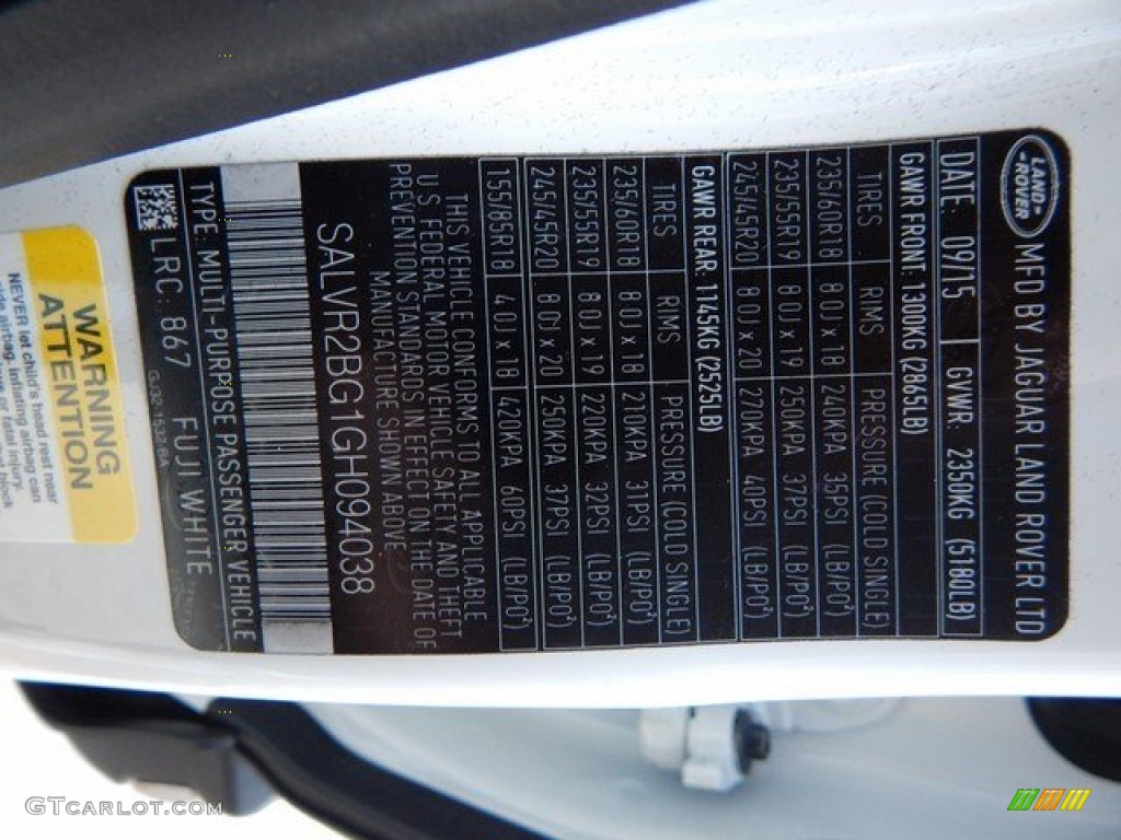 2016 Range Rover Evoque Color Code 867 for Fuji White Photo #108868565