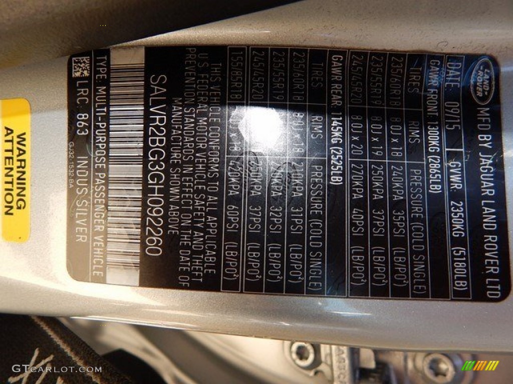 2016 Range Rover Evoque Color Code 863 for Indus Silver Metalllic Photo #108869456