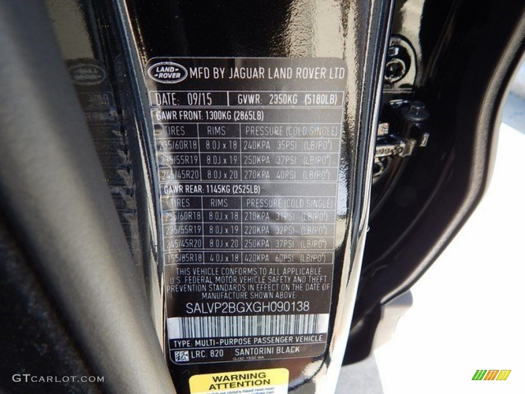 2016 Range Rover Evoque Color Code 820 for Santorini Black Metalllic Photo #108872576