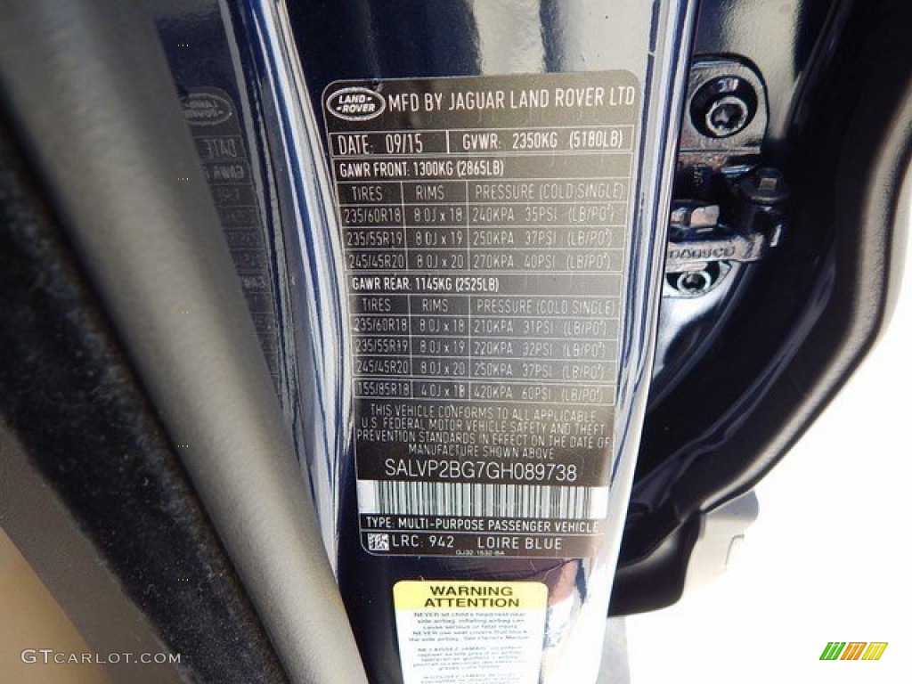 2016 Range Rover Evoque Color Code 942 for Loire Blue Metalllic Photo #108873585