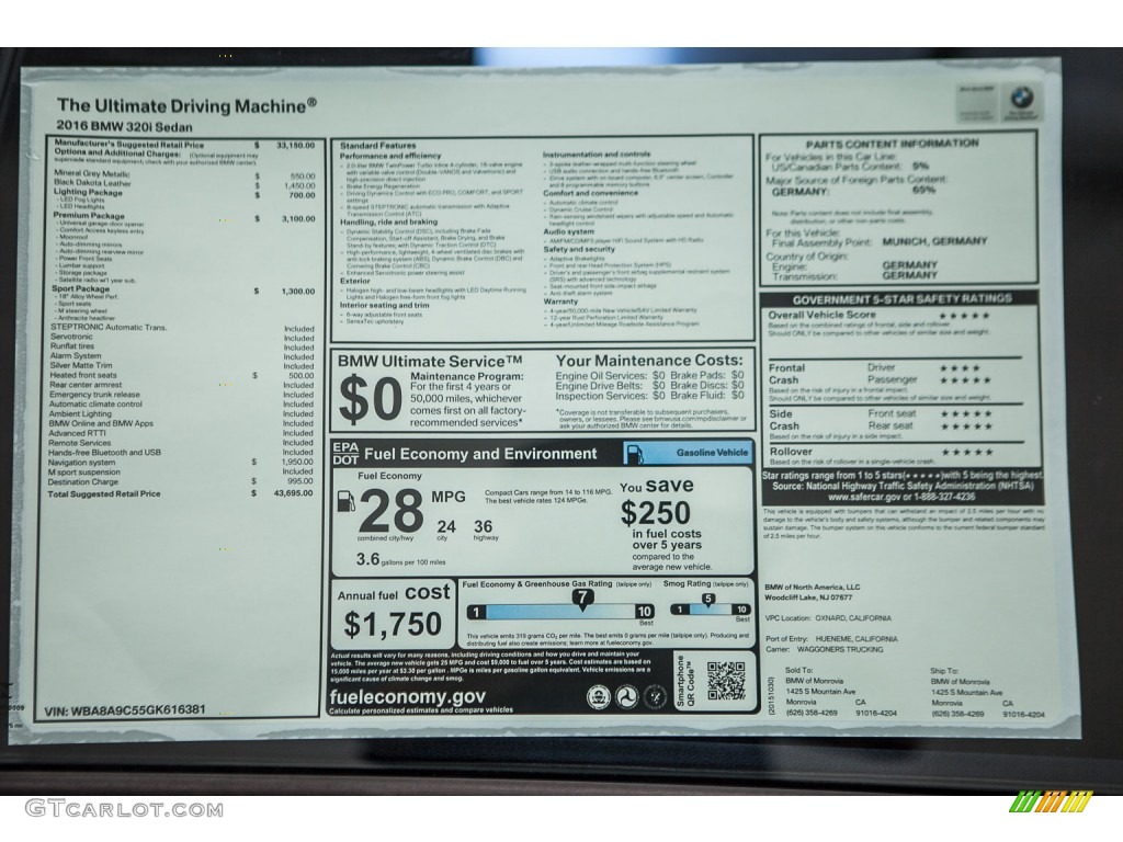 2016 3 Series 320i Sedan - Mineral Grey Metallic / Black photo #12