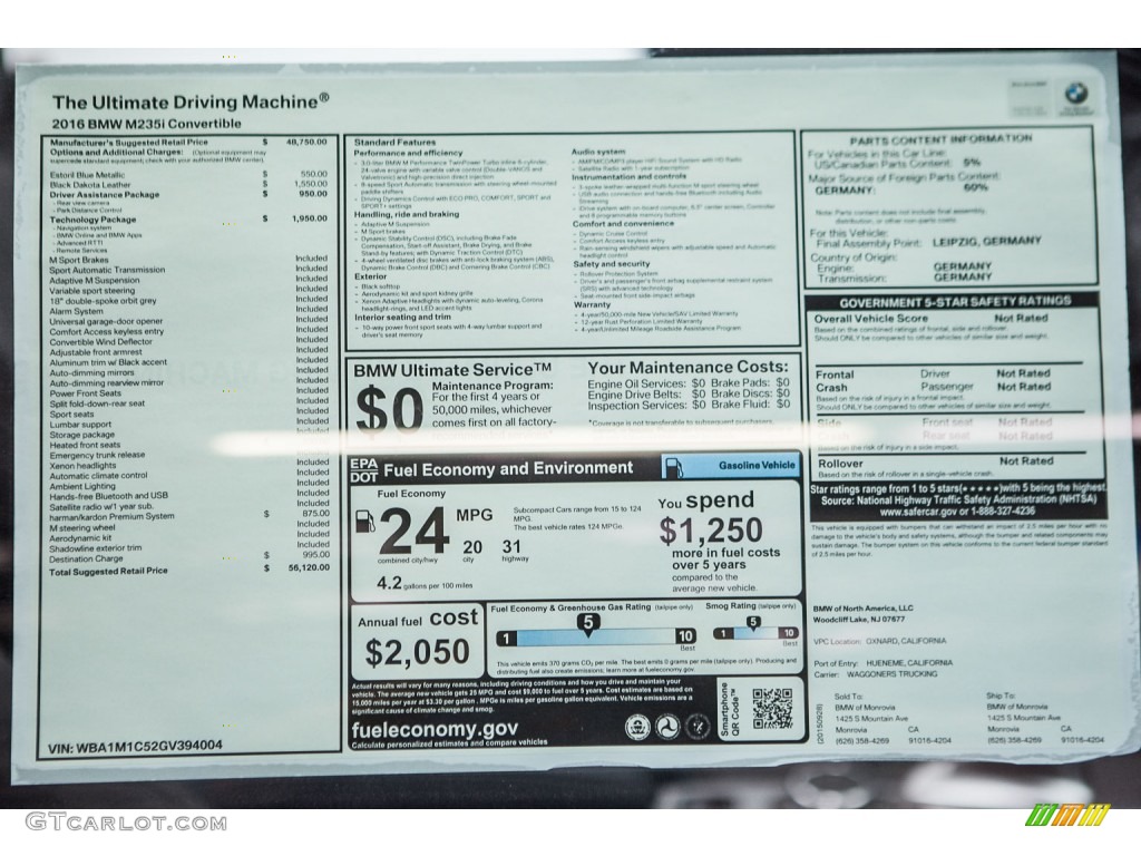 2016 BMW M235i Convertible Window Sticker Photo #108906797