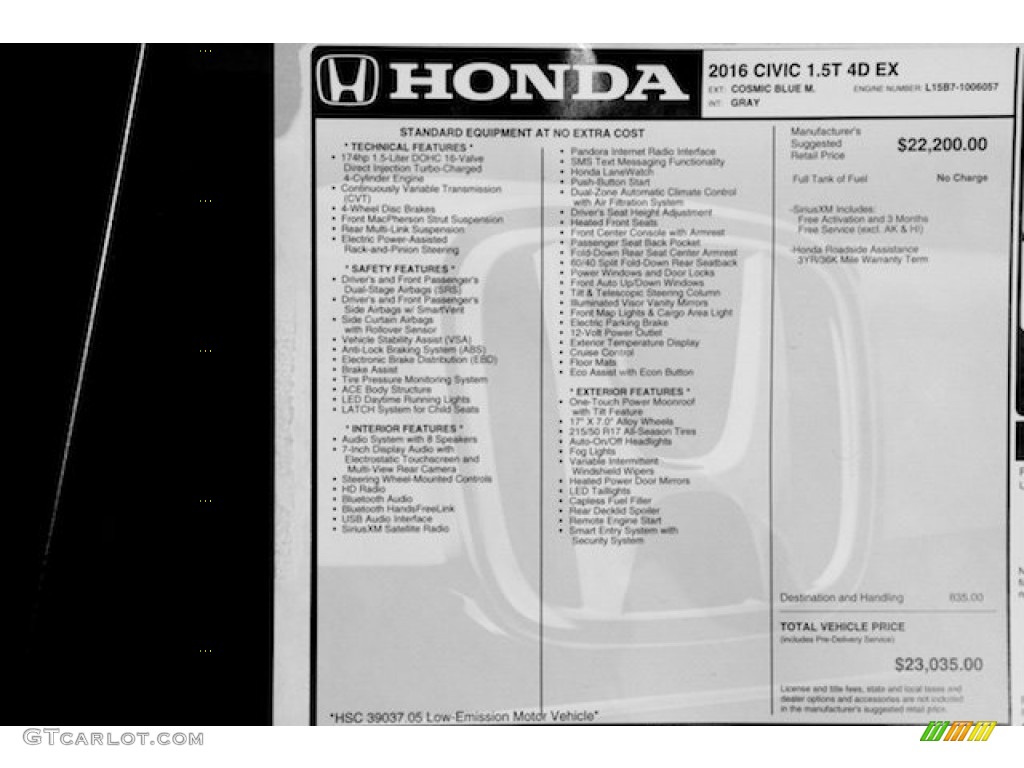 2016 Honda Civic EX-T Sedan Window Sticker Photo #108915440