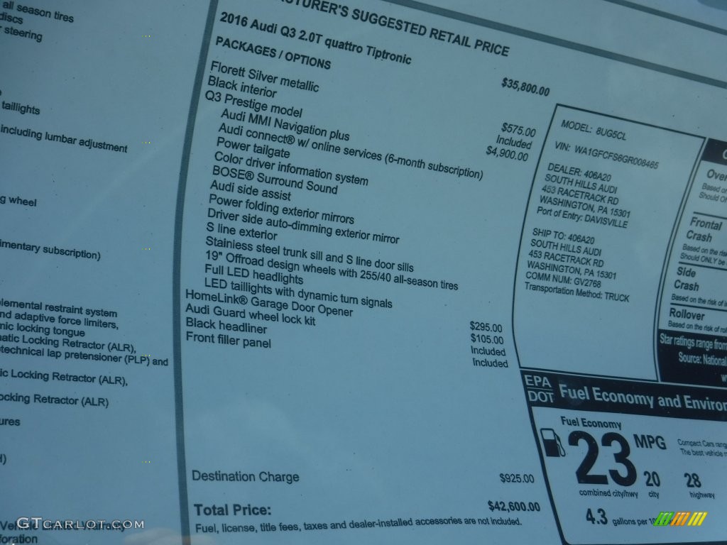 2016 Audi Q3 2.0 TSFI Prestige quattro Window Sticker Photo #108941218