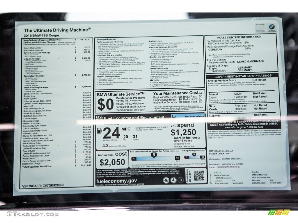 2016 BMW 4 Series 435i Coupe Window Sticker Photo #108942619