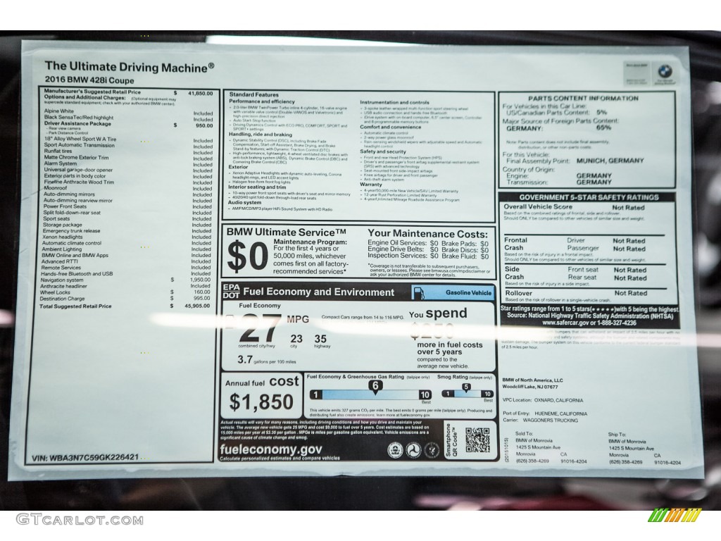 2016 BMW 4 Series 428i Coupe Window Sticker Photo #108943027