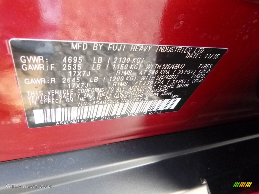 2016 Outback 2.5i Premium - Venetian Red Pearl / Slate Black photo #18