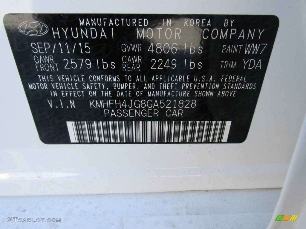 2016 Azera Color Code WW7 for Diamond White Pearl Photo #108958195