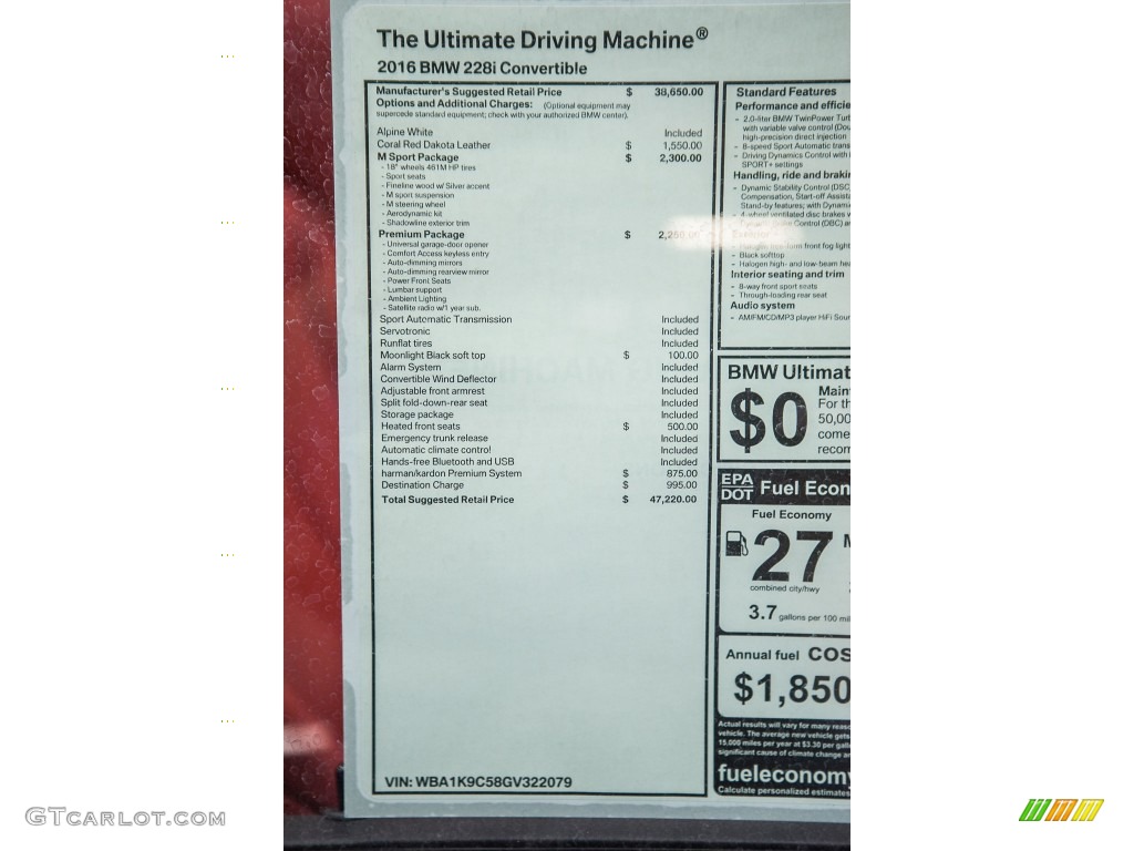 2016 BMW 2 Series 228i Convertible Window Sticker Photo #108971827