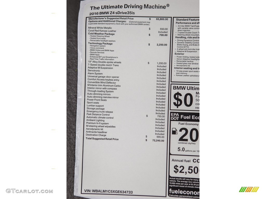 2016 BMW Z4 sDrive35is Window Sticker Photo #108995090