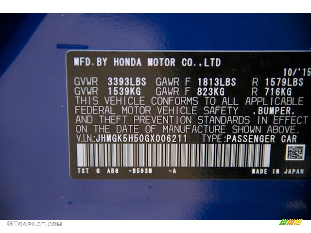 2016 Fit Color Code B593M for Aegean Blue Metallic Photo #109055379