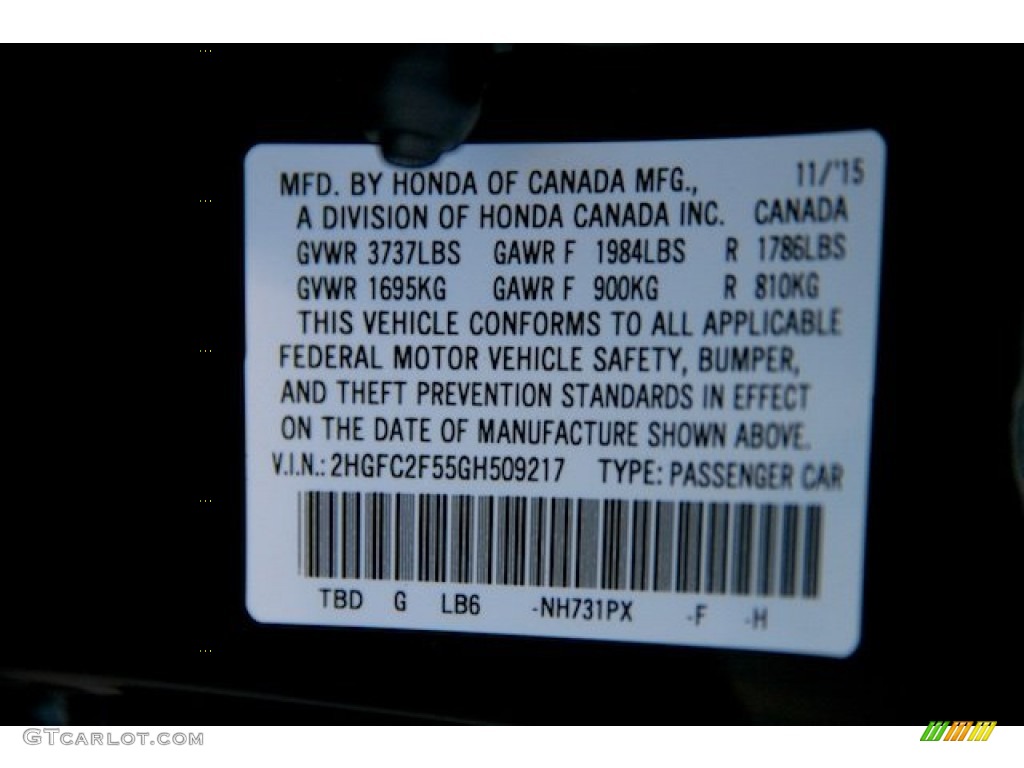 2016 Civic Color Code NH731PX for Crystal Black Pearl Photo #109055748