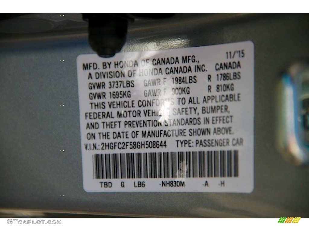 2016 Civic Color Code NH830M for Lunar Silver Metallic Photo #109056102