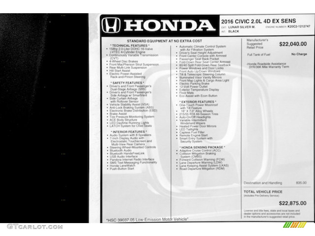 2016 Honda Civic EX Sedan Window Sticker Photo #109058100