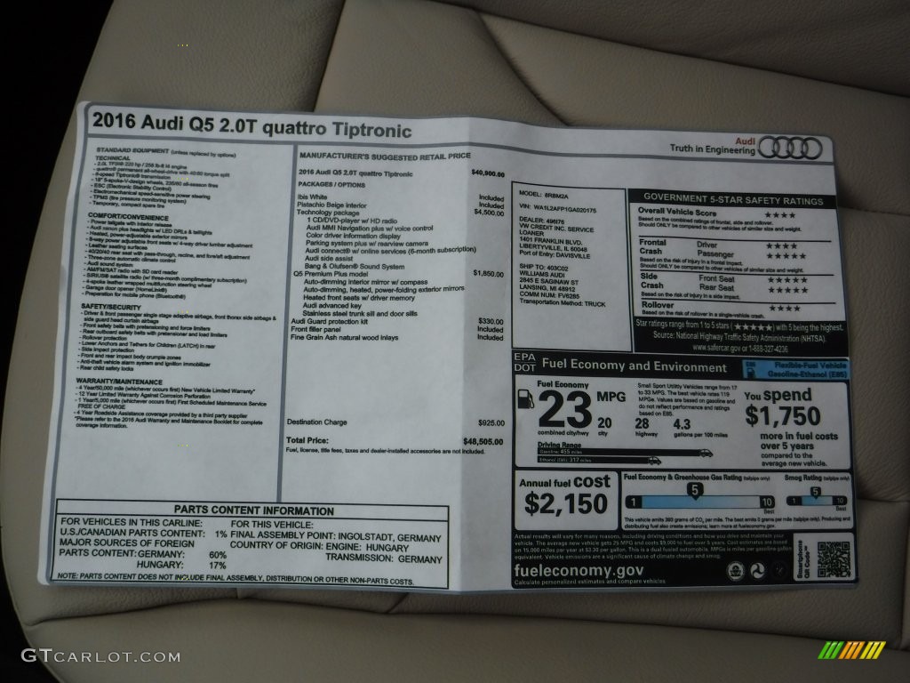 2016 Q5 2.0 TFSI Premium quattro - Ibis White / Pistachio Beige photo #10