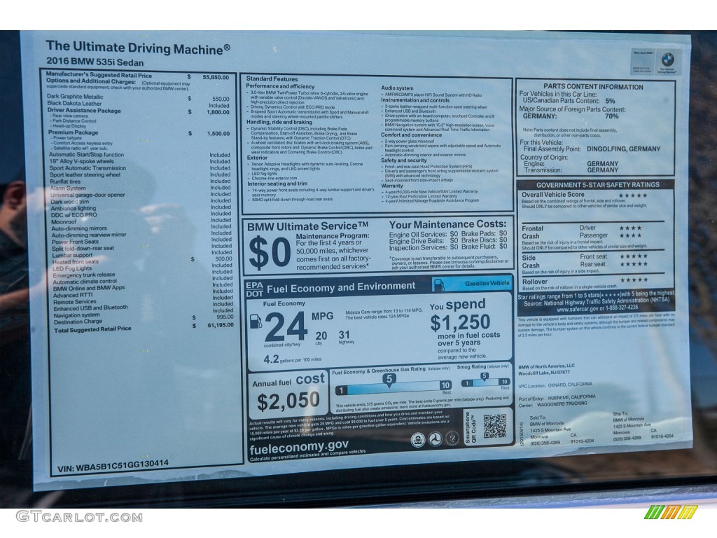 2016 5 Series 535i Sedan - Dark Graphite Metallic / Black photo #12