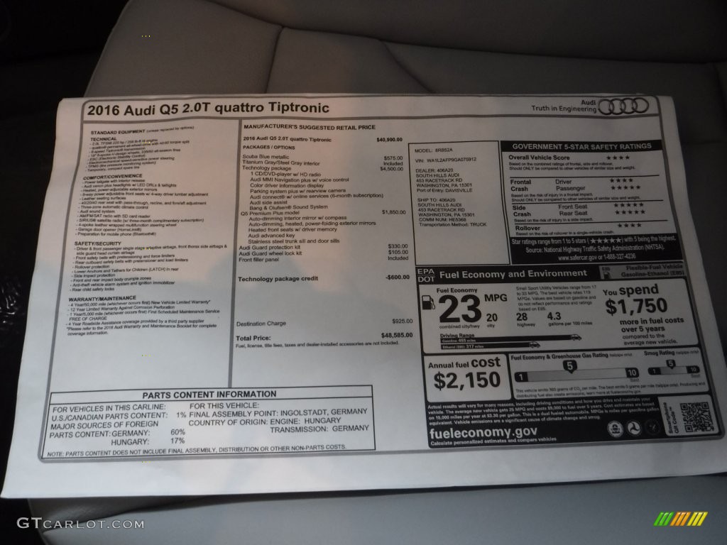 2016 Q5 2.0 TFSI Premium quattro - Scuba Blue Metallic / Titanium Gray photo #8