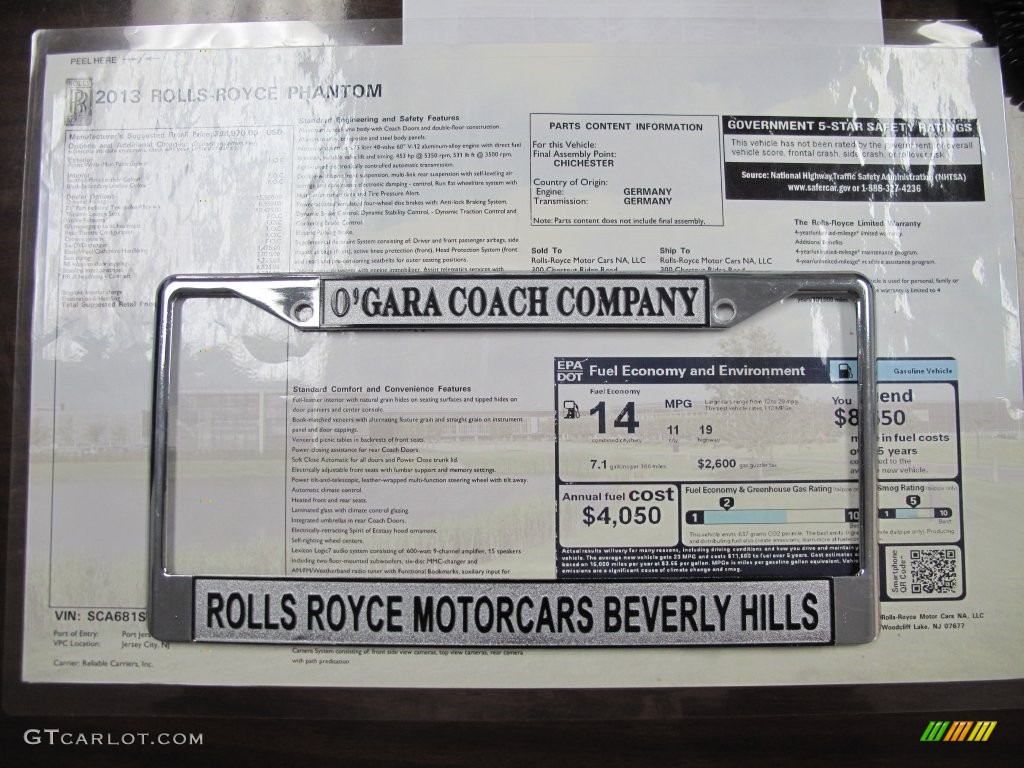 2013 Rolls-Royce Phantom Sedan Window Sticker Photo #109119983