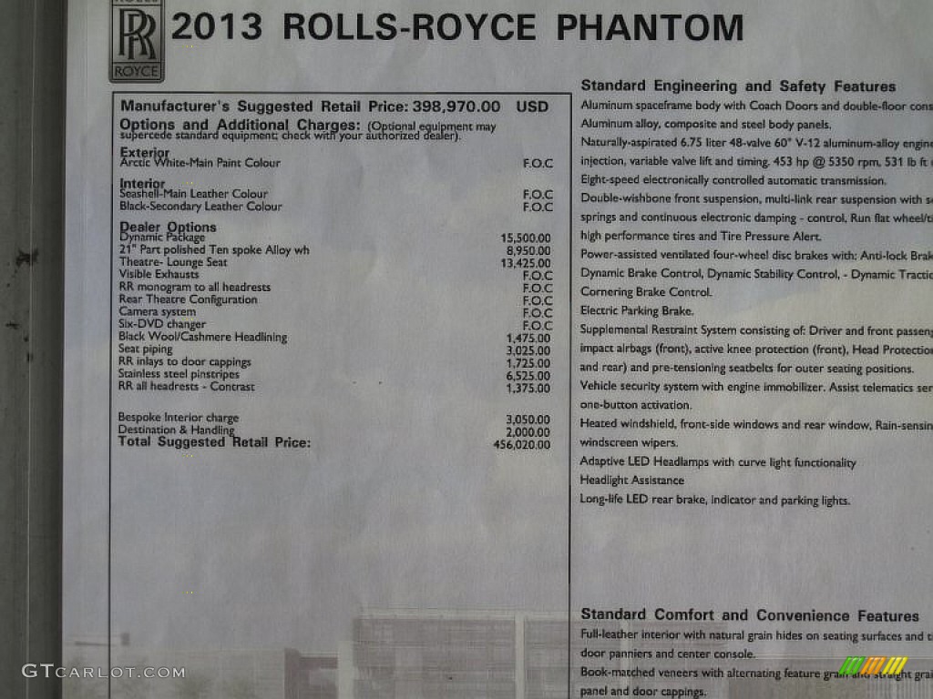 2013 Rolls-Royce Phantom Sedan Window Sticker Photo #109120004