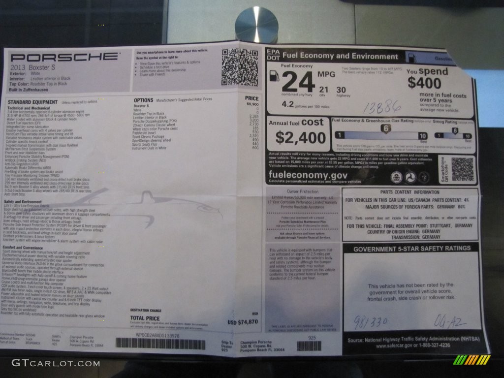 2013 Porsche Boxster S Window Sticker Photo #109126947