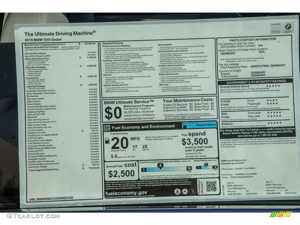2016 BMW 5 Series 550i Sedan Window Sticker Photo #109141998