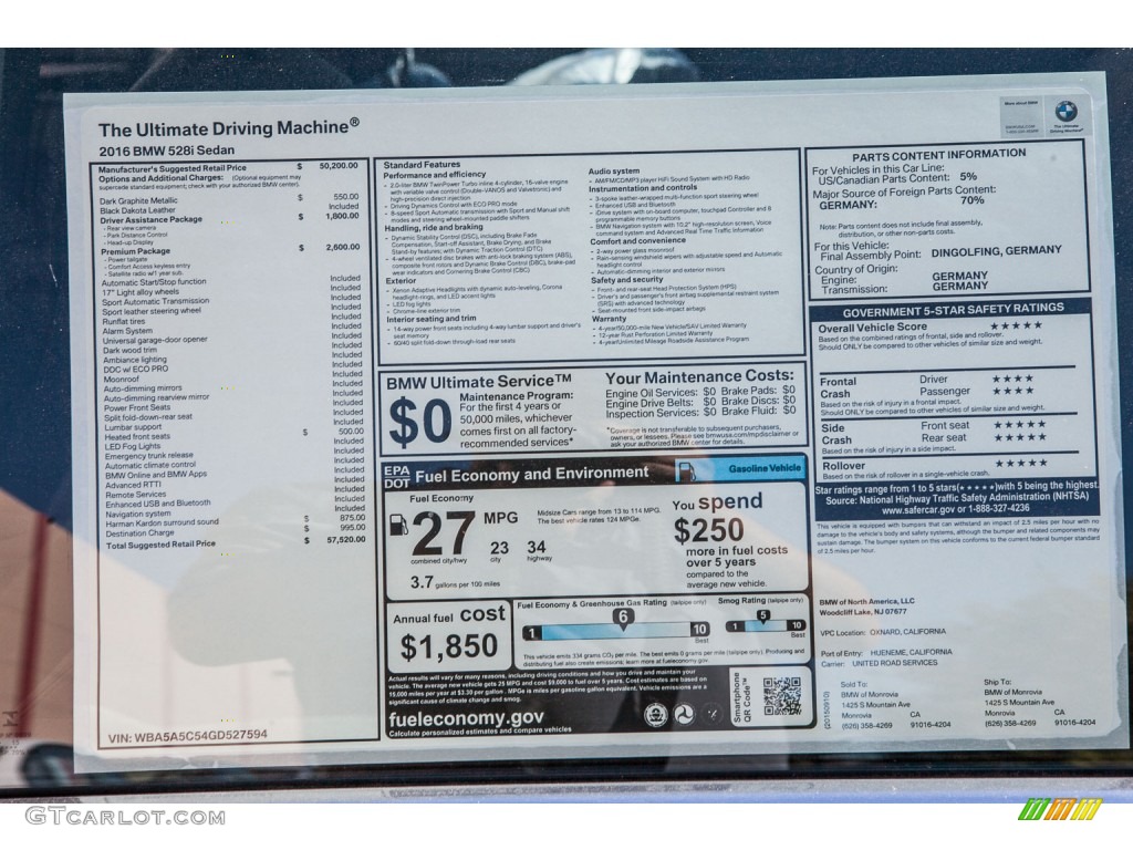 2016 5 Series 528i Sedan - Dark Graphite Metallic / Black photo #11