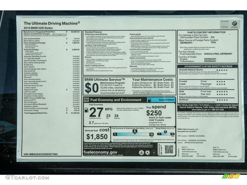 2016 5 Series 528i Sedan - Dark Graphite Metallic / Black photo #11
