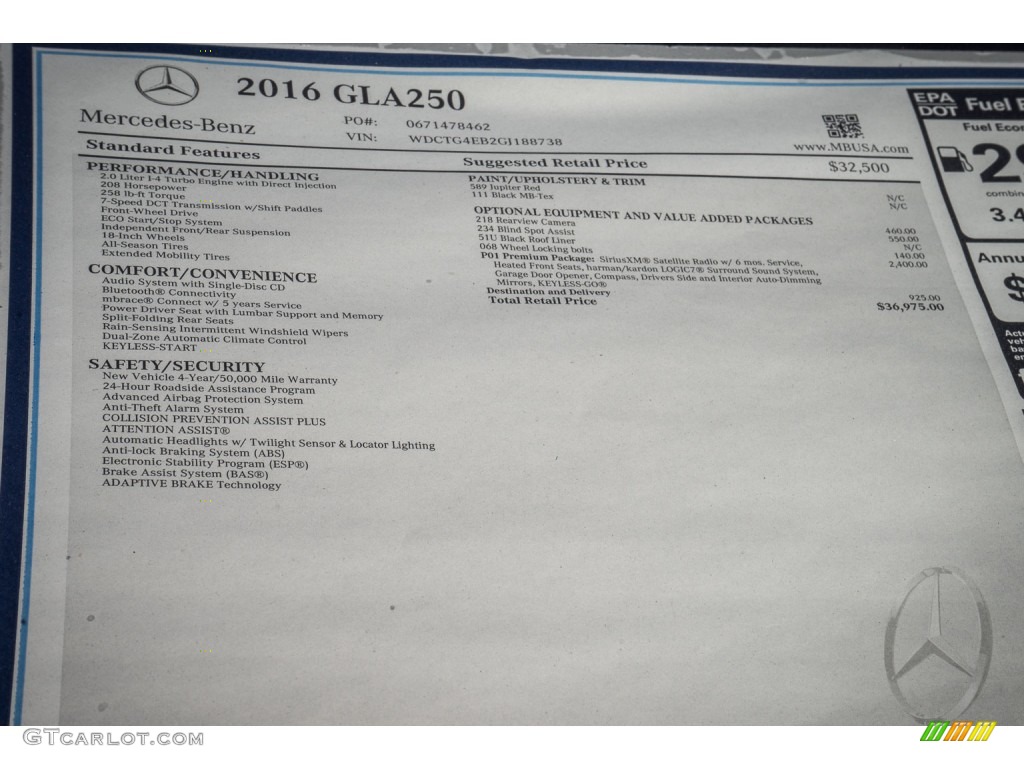 2016 Mercedes-Benz GLA 250 Window Sticker Photo #109286269