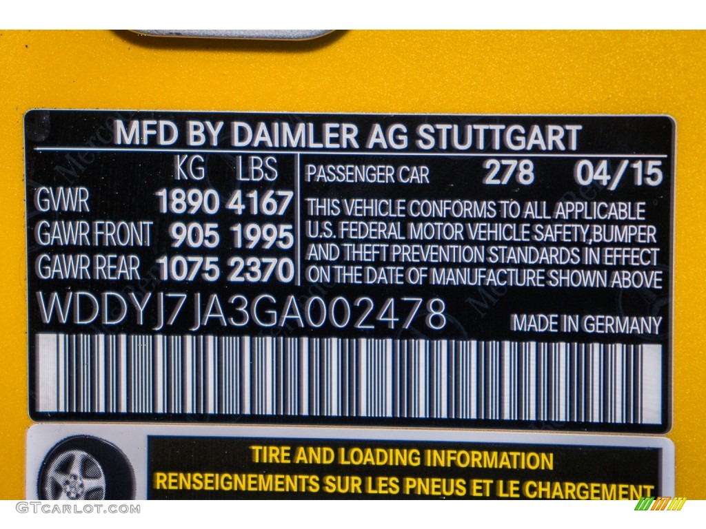 2016 AMG GT S Color Code 278 for AMG Solarbeam Yellow Metallic Photo #109290745