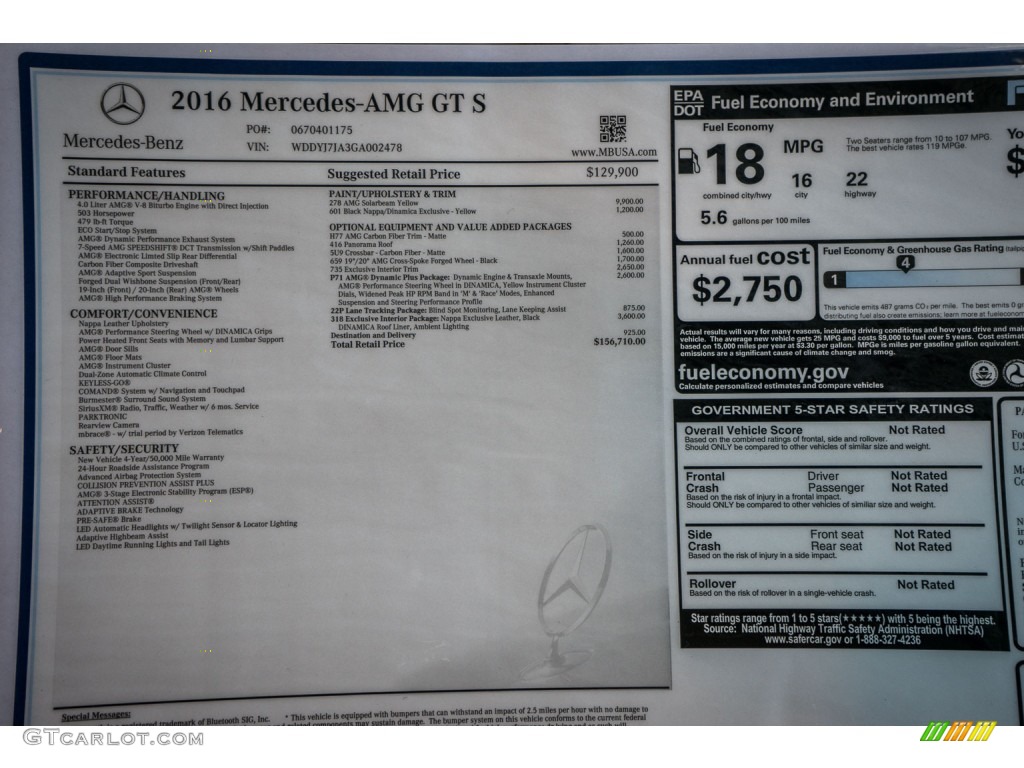2016 Mercedes-Benz AMG GT S Coupe Window Sticker Photo #109290880