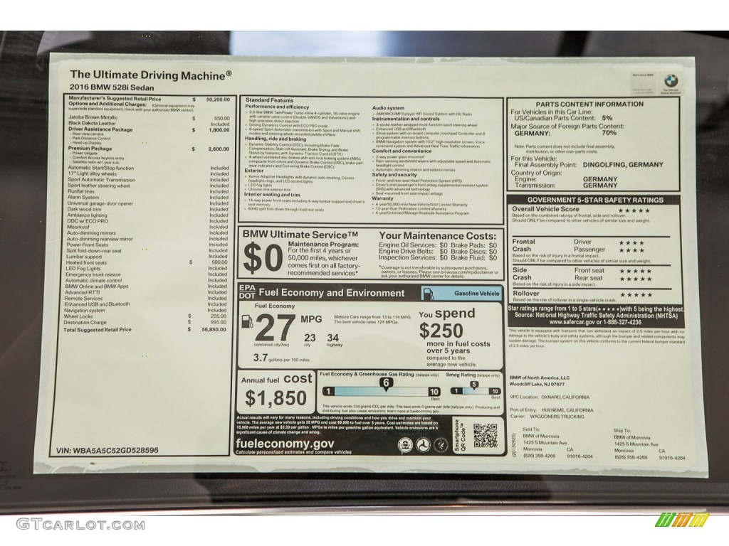 2016 BMW 5 Series 528i Sedan Window Sticker Photo #109300777
