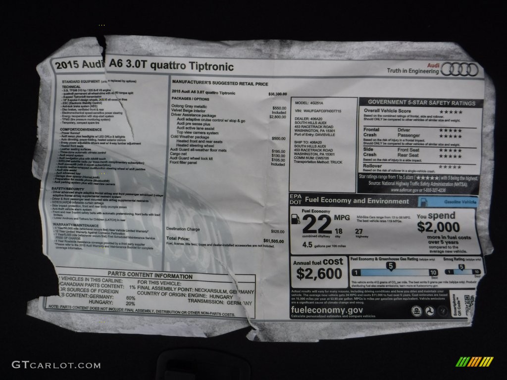 2015 A6 3.0T Premium Plus quattro Sedan - Oolong Gray Metallic / Velvet Beige photo #39