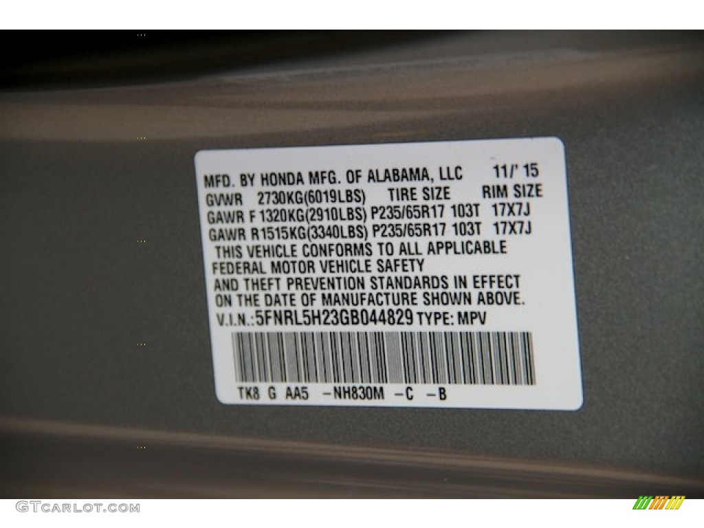 2016 Honda Odyssey LX Color Code Photos