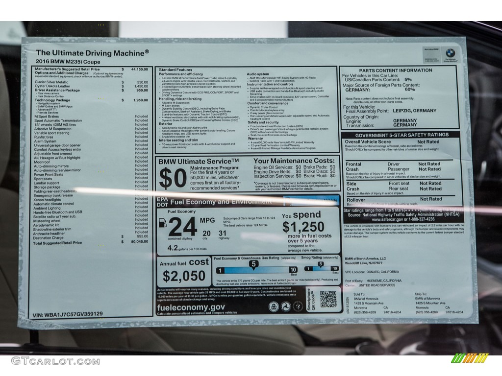 2016 BMW M235i Coupe Window Sticker Photo #109363217